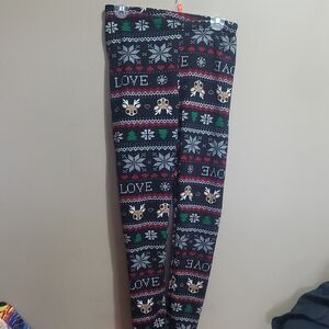 Festive fleece Leggings - Black with Reindeer and Love Pattern Size M/L